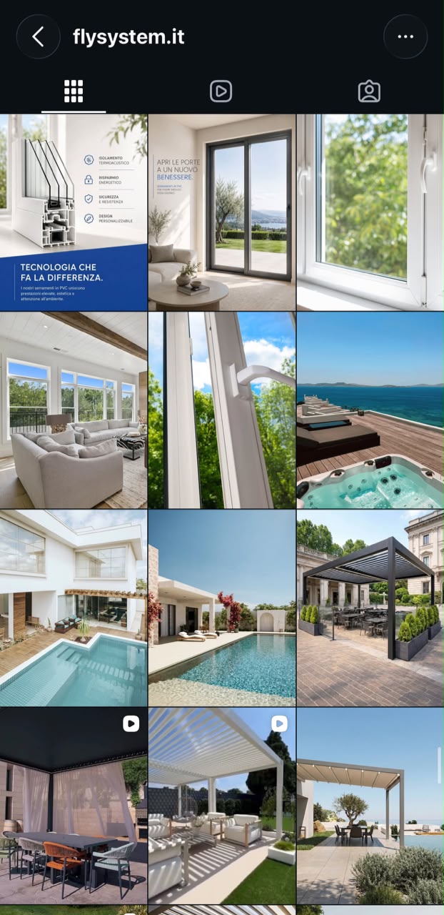 El feed de Instagram de Fly System, con sistemas de ventanas, interiores y pérgolas de exterior