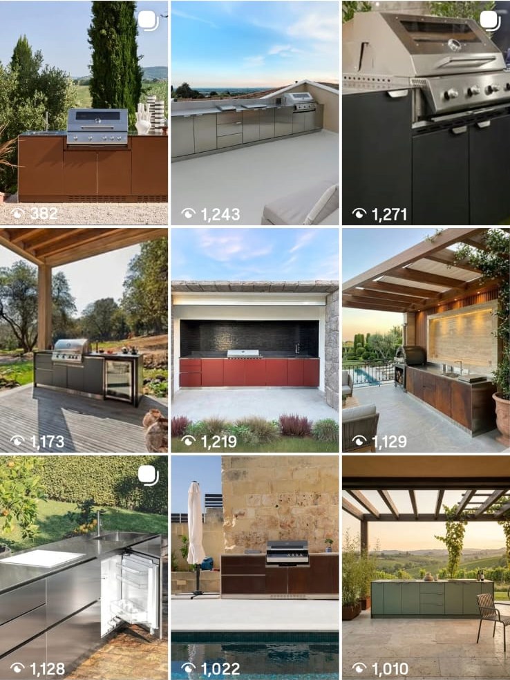 The OF Outdoorkitchen Instagram feed, showing built-in outdoor kitchens in gardens, on terraces and beside pools