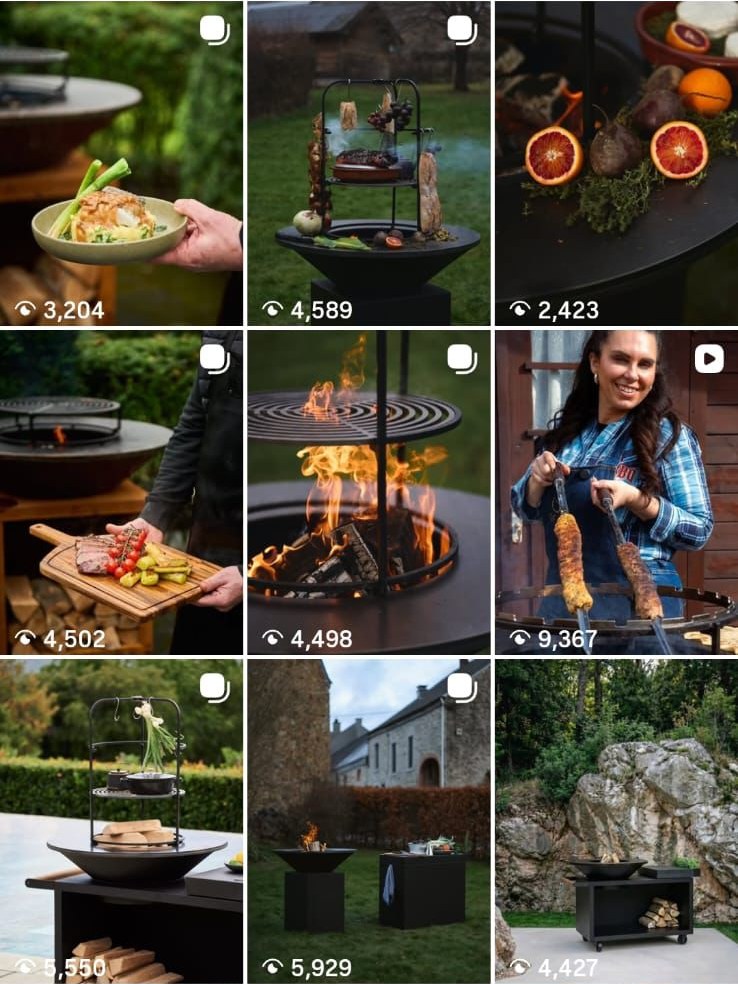 The OFYR Italia Instagram feed, showing chefs cooking over open fire at outdoor events